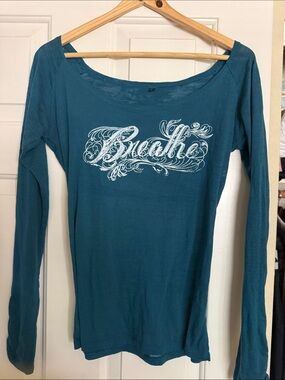 Women’s Teal Long-Sleeve Scoop Neck Top with 'Breathe' Script